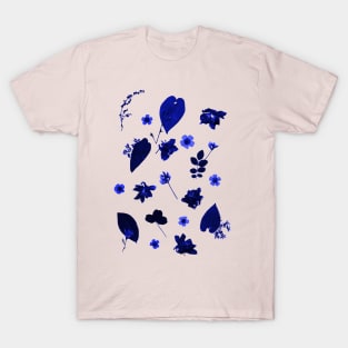 Blue Floral Pressed Flower and Leaf Pattern T-Shirt